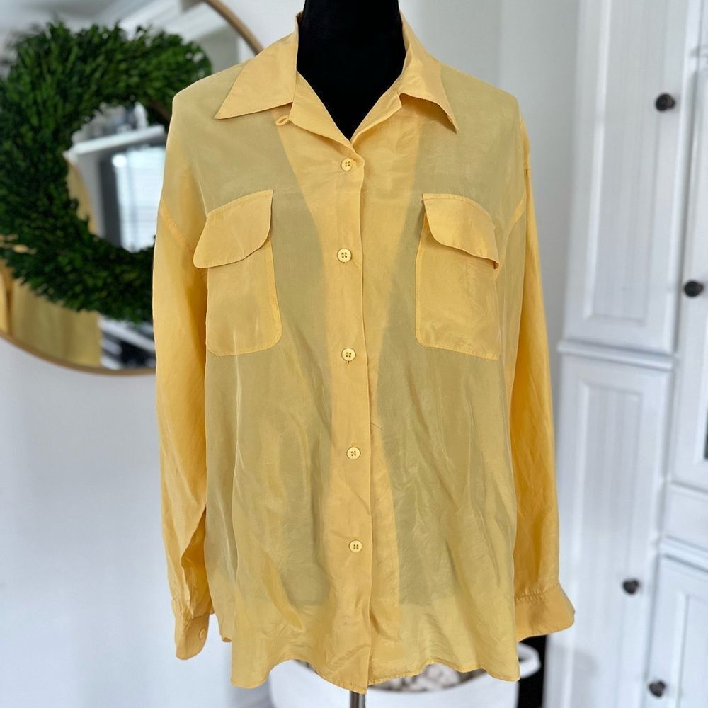 SilkLand Sz L Washable Pure Silk Long Sleeve Button Closure Blouse Yellow